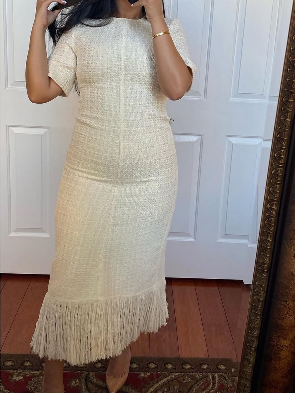 Zara Tweed Cream Fringe Midi Dress - Picture 1 of 4